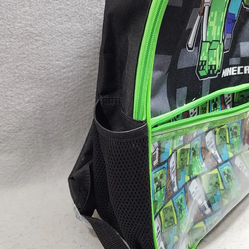 Children's Minecraft Character School Back Pack Book Bag Design Black-Green
